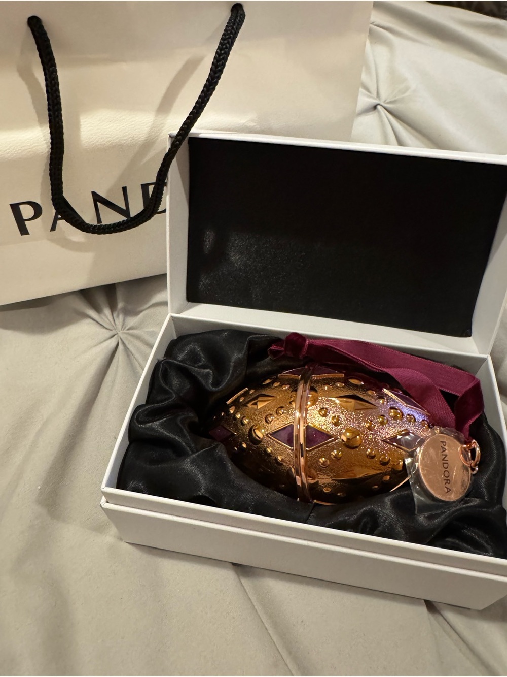 Pandora Rose Gold Ornament with Burgundy Ribbon Accent